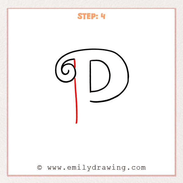 how to draw a fancy letter p - Step 4 of a fancy letter P, adding a long vertical downstroke beside the spiral to create the main stem.